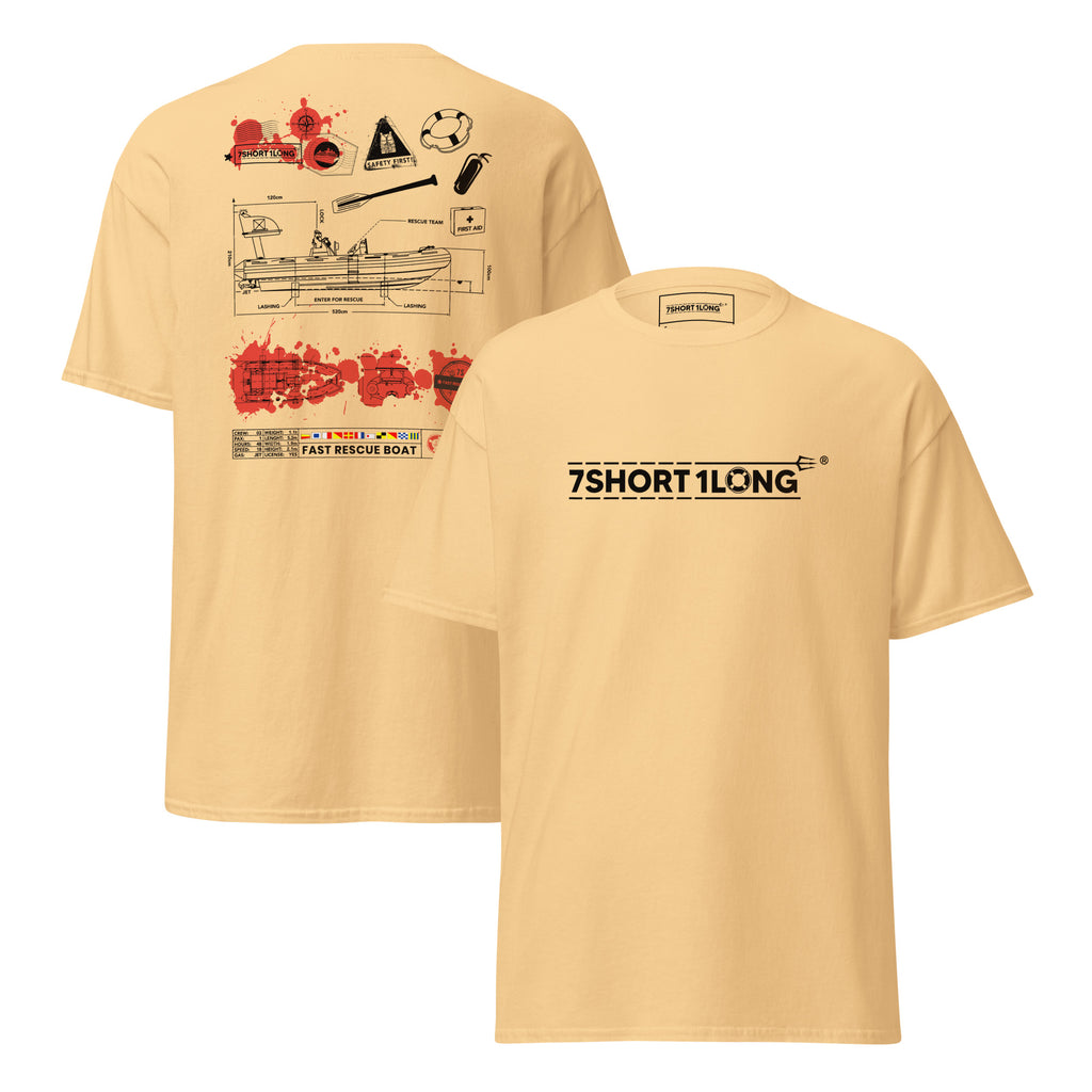 Unisex yellow haze T-shirt featuring nautical rescue boat and crew graphic on front and back, by 7SHORT1LONG®.