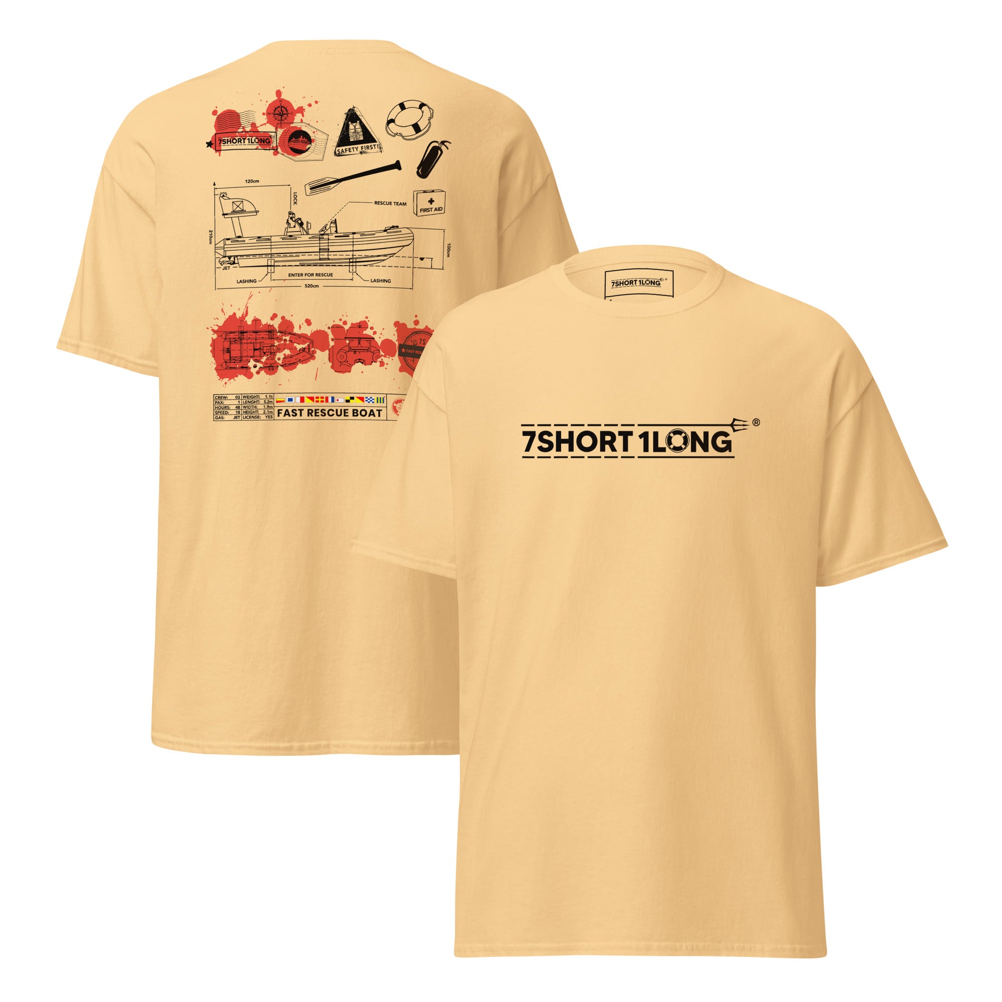Unisex yellow haze T-shirt featuring nautical rescue boat and crew graphic on front and back, by 7SHORT1LONG®.