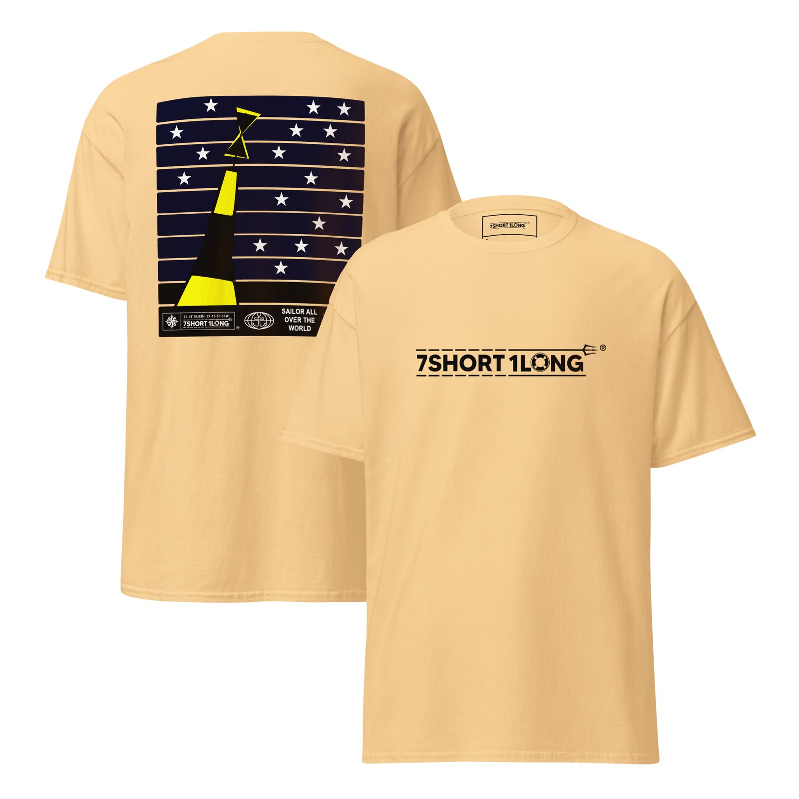 Unisex yellow haze Nautical T-Shirt by 7SHORT1LONG® featuring Cardinal Sign and deck crew navigation design on front and back.
