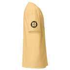 Unisex yellow haze Housekeeping Department T-Shirt by 7SHORT1LONG®, casual crew neck tee with printed logo on front.