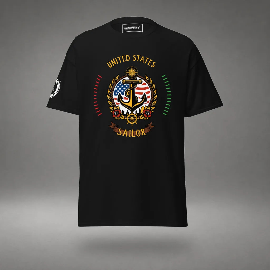 US Sailor T-Shirt in Black, front view, floating over a gray studio floor.
