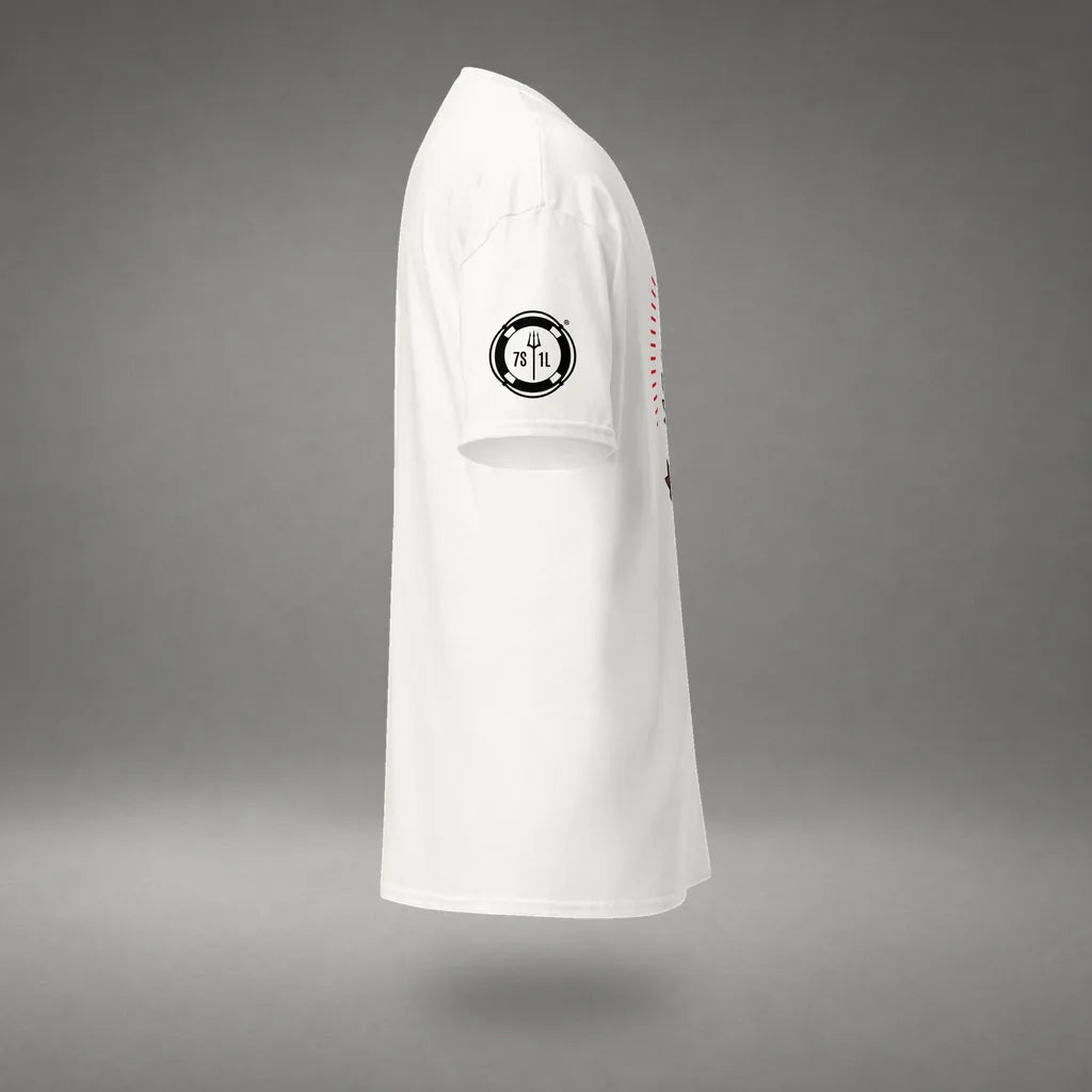 US Sailor T-Shirt in White, right side view, floating over a gray studio floor.