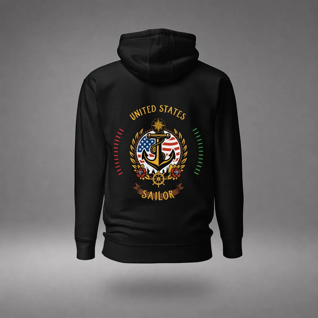 US Sailor Hoodie in Black, back view, floating over a gray studio floor.