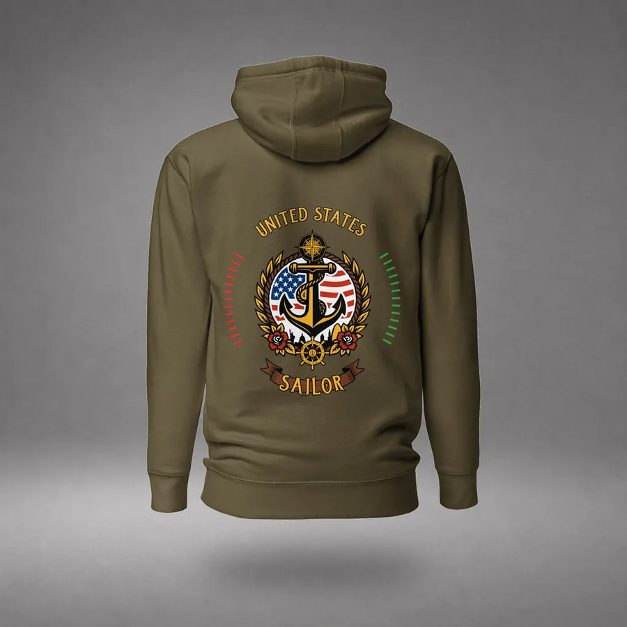 US Sailor Hoodie in design, front view, floating over a gray studio floor.