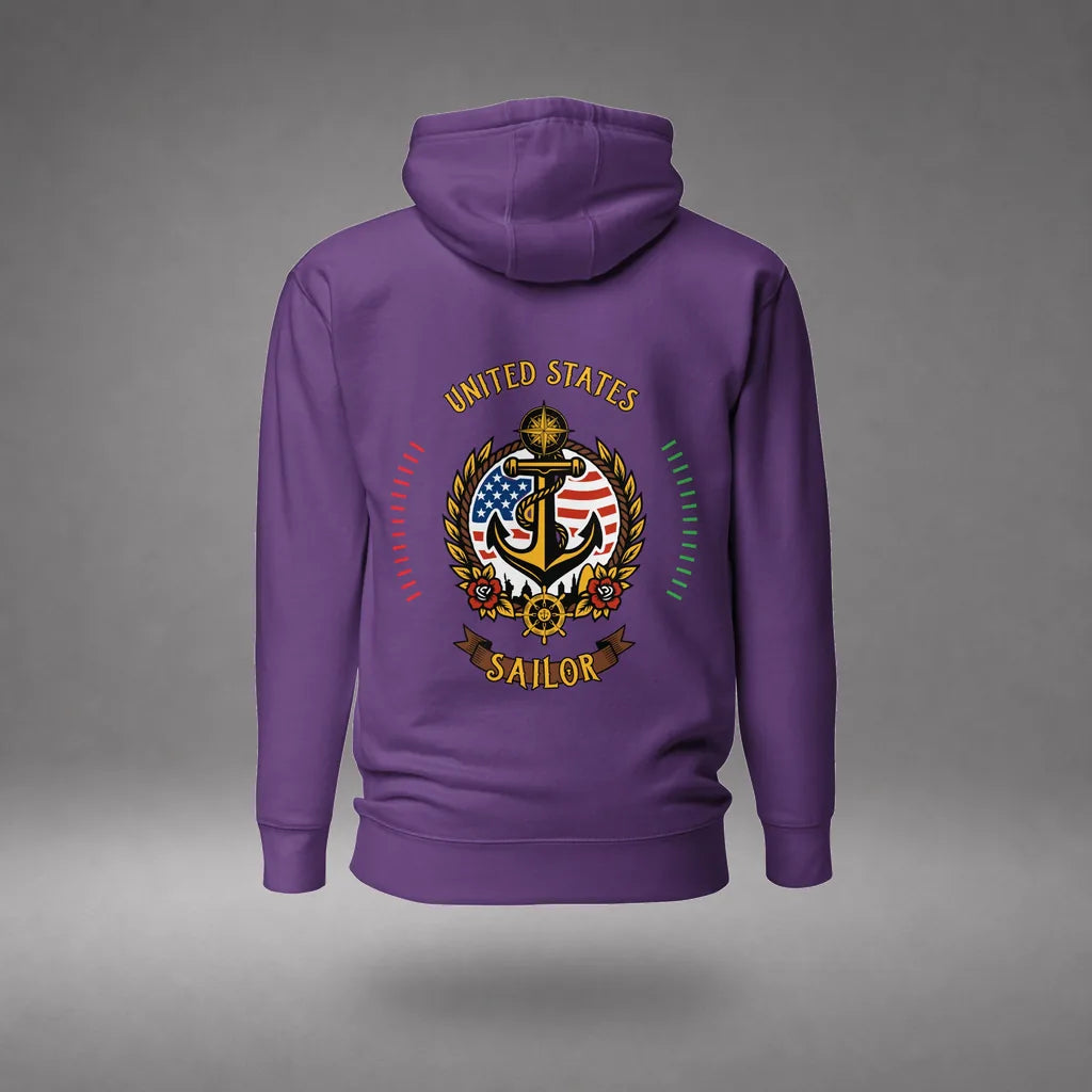 US Sailor Hoodie in Purple, back view, floating over a gray studio floor.