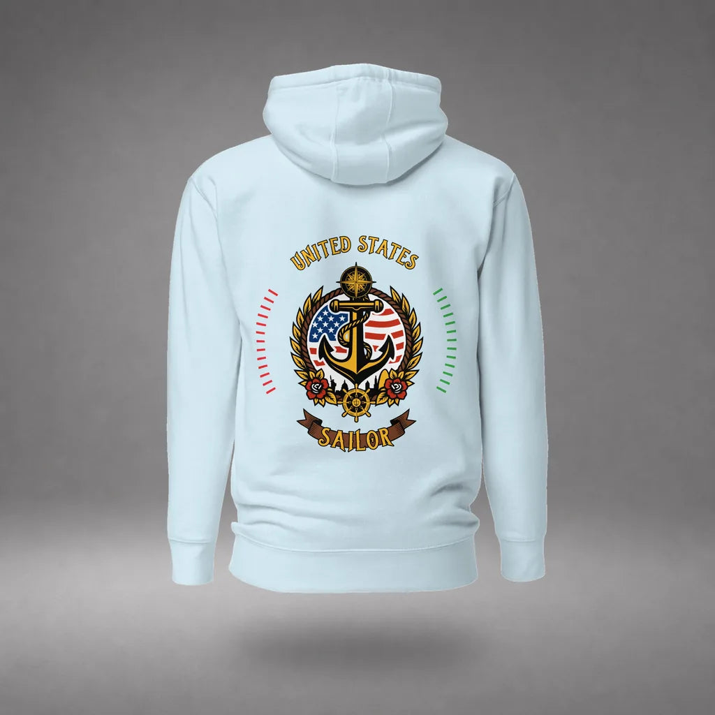 US Sailor Hoodie in Sky Blue, back view, floating over a gray studio floor.