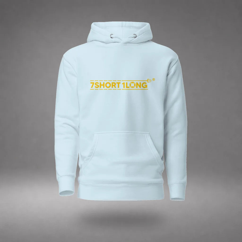 US Sailor Hoodie in Sky Blue, front view, floating over a gray studio floor.