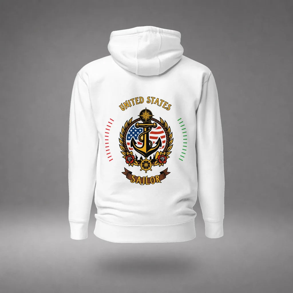US Sailor Hoodie in White, back view, floating over a gray studio floor.