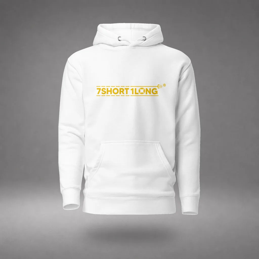 US Sailor Hoodie in White, front view, floating over a gray studio floor.
