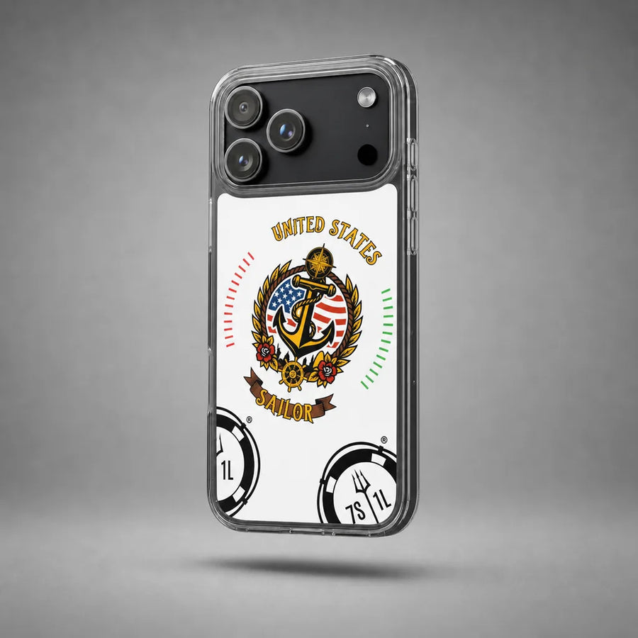 Clear United States Sailor iPhone case with maritime anchor artwork, floating above a grey studio floor with a soft shadow.
