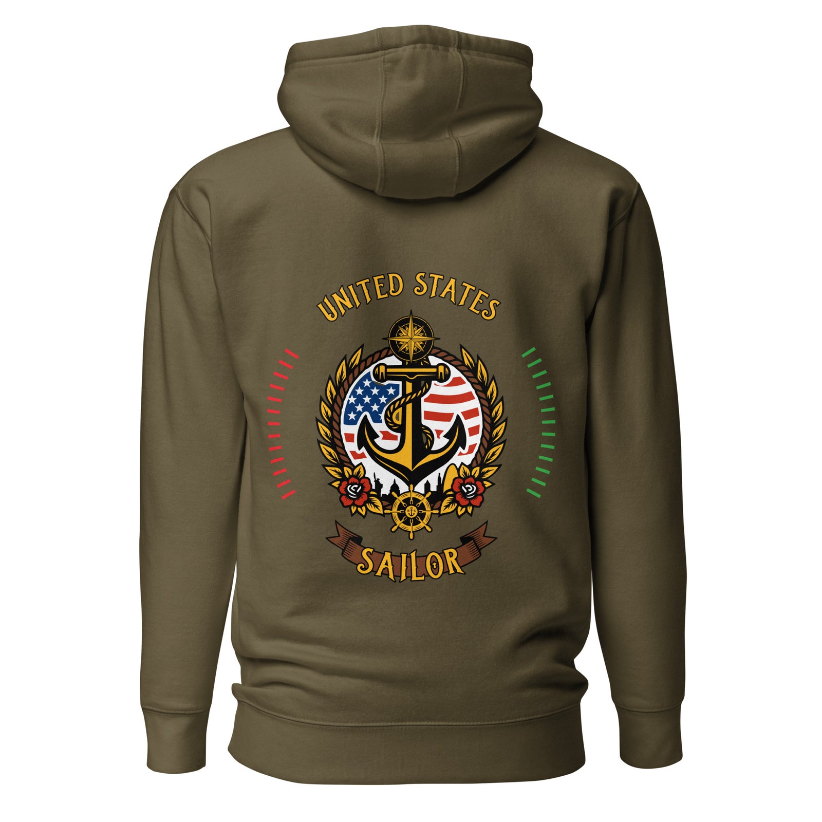 7SHORT1LONG® US Sailor Hoodie featuring nautical design, front pocket, and adjustable drawstrings, ideal for casual wear.