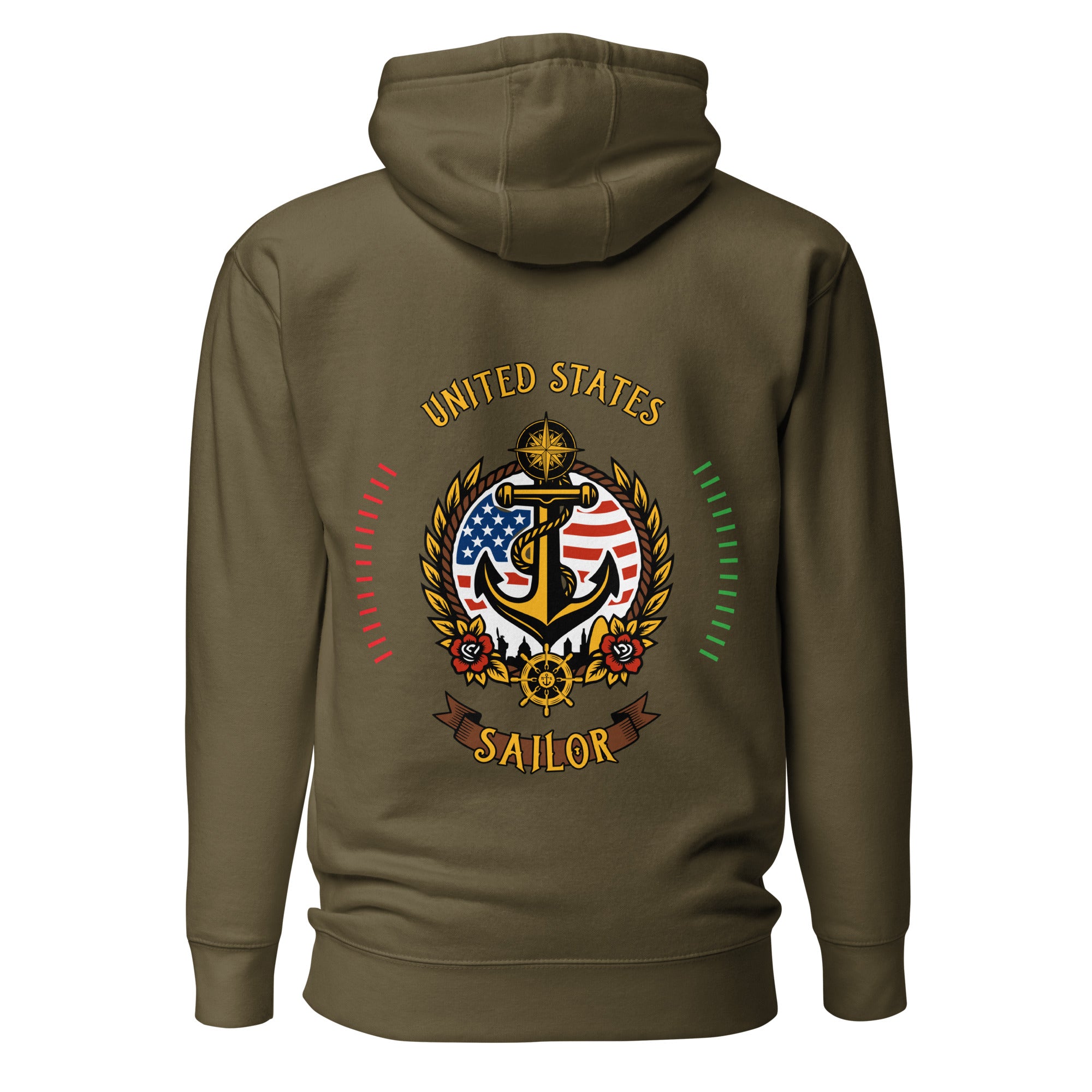 7SHORT1LONG® US Sailor Hoodie featuring nautical design, front pocket, and adjustable drawstrings, ideal for casual wear.