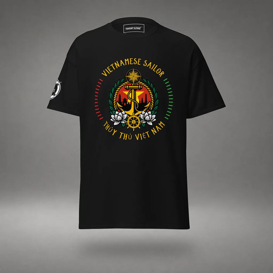 Vietnamese Sailor T-Shirt in Black, front view, floating over a gray studio floor.