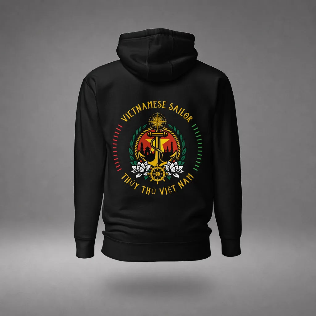 Vietnamese Sailor Hoodie in Black, back view, floating over a gray studio floor.