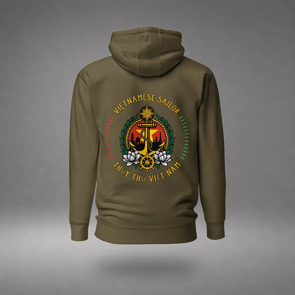 Vietnamese Sailor Hoodie in Military Green, back view, floating over a gray studio floor.