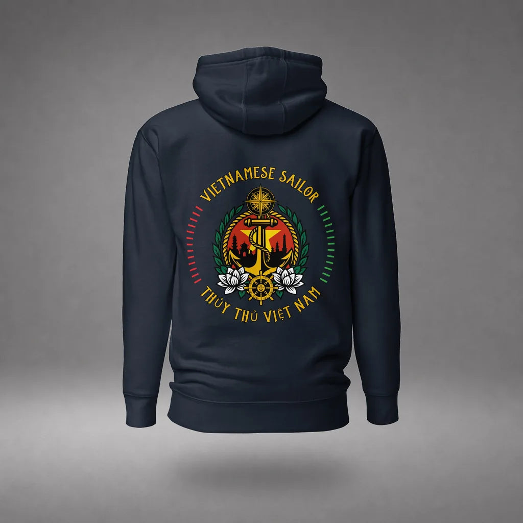 Vietnamese Sailor Hoodie in Navy Blazer, back view, floating over a gray studio floor.