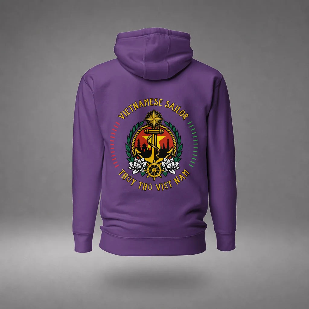 Vietnamese Sailor Hoodie in Purple, back view, floating over a gray studio floor.