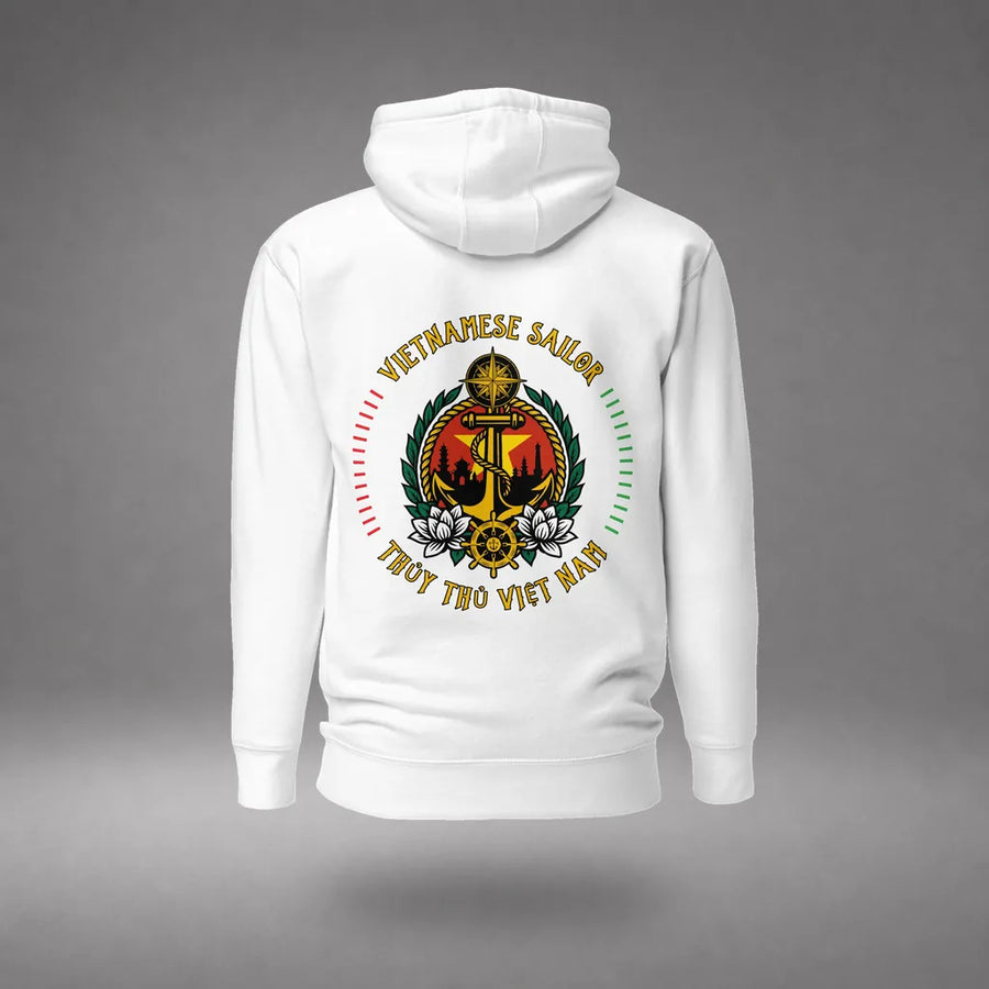 Vietnamese Sailor Hoodie in White, featured product view, floating over a gray studio floor.