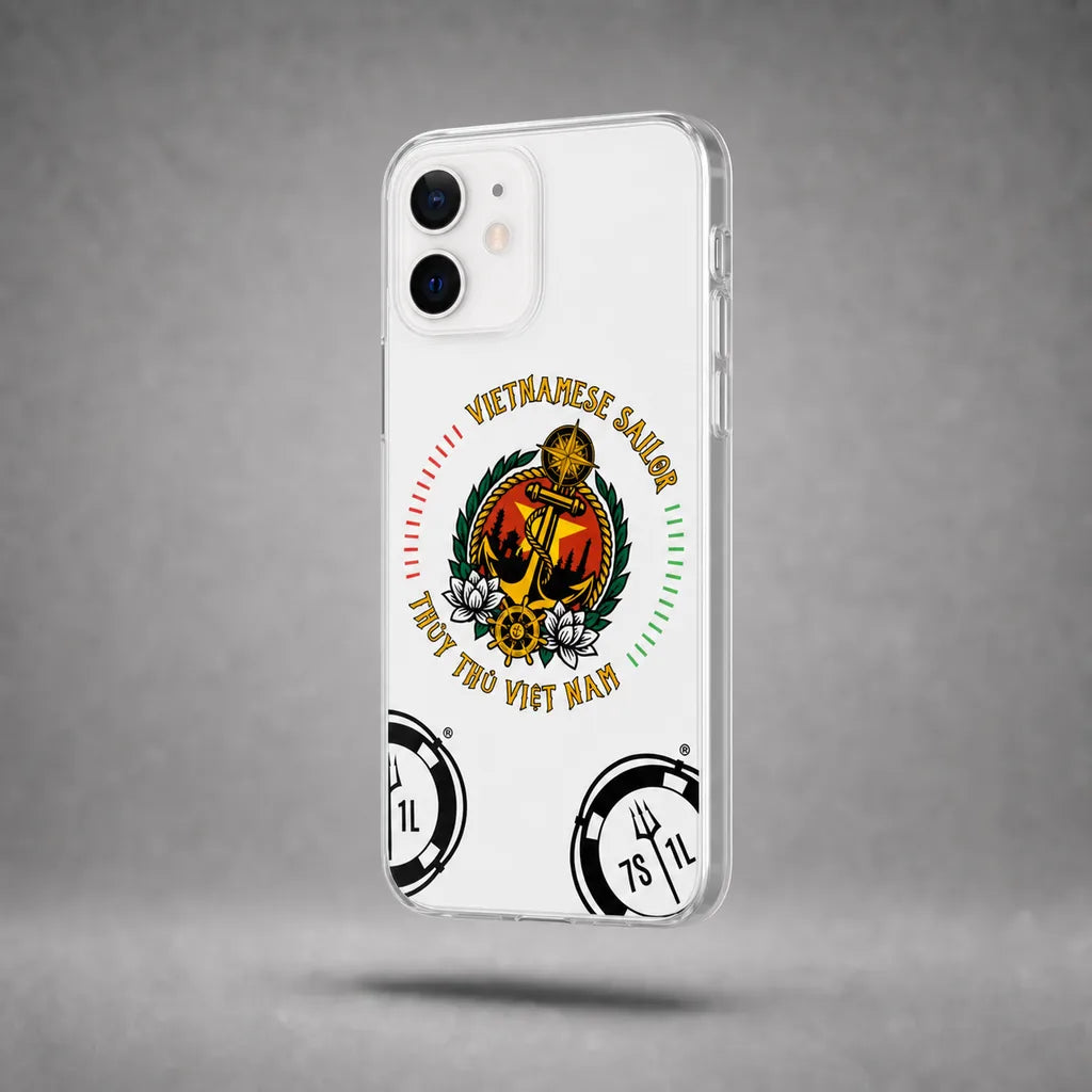 Clear Vietnamese Sailor case for iPhone 12 with maritime anchor artwork, floating above a grey studio floor with a soft shadow.