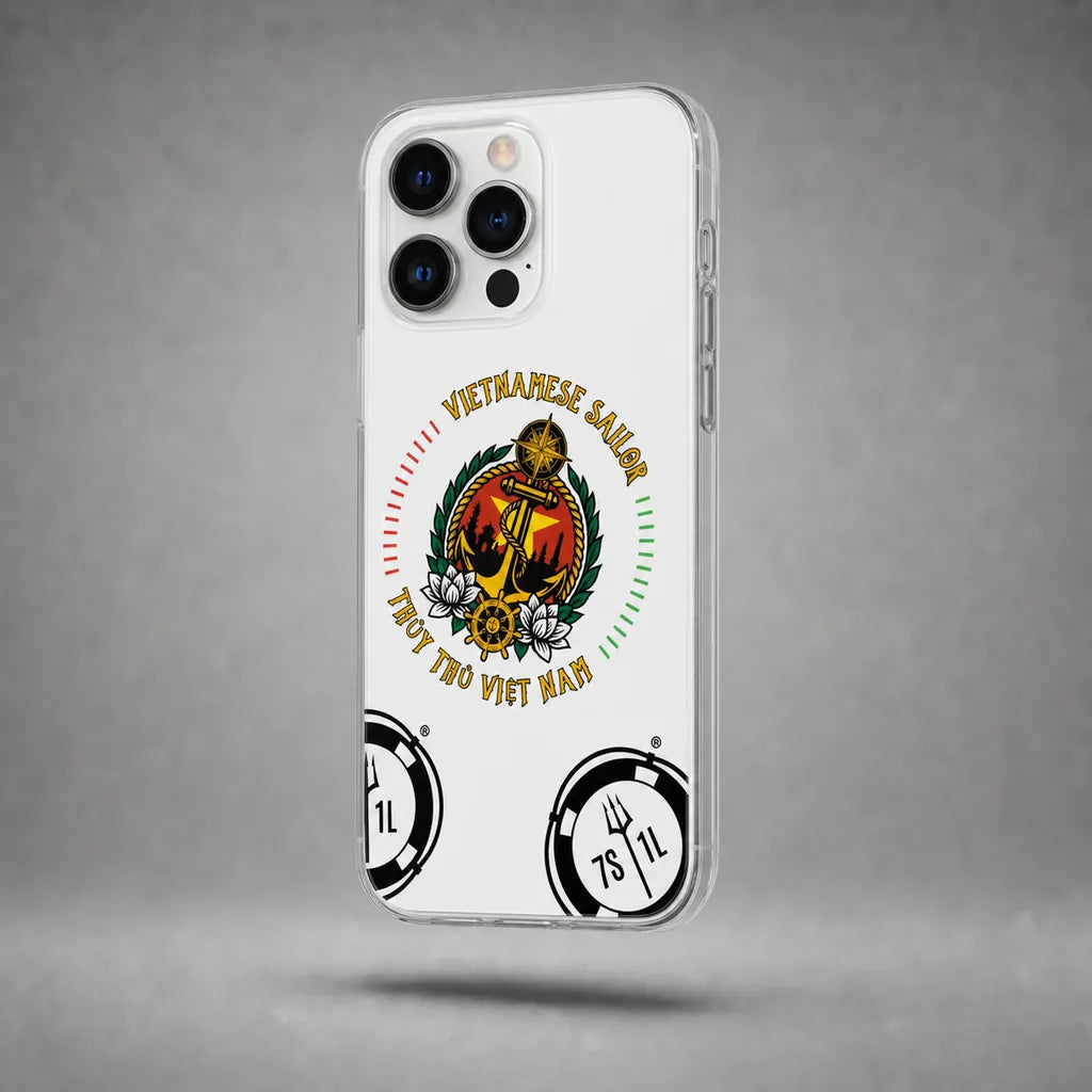 Clear Vietnamese Sailor case for iPhone 12 Pro Max with maritime anchor artwork, floating above a grey studio floor with a soft shadow.