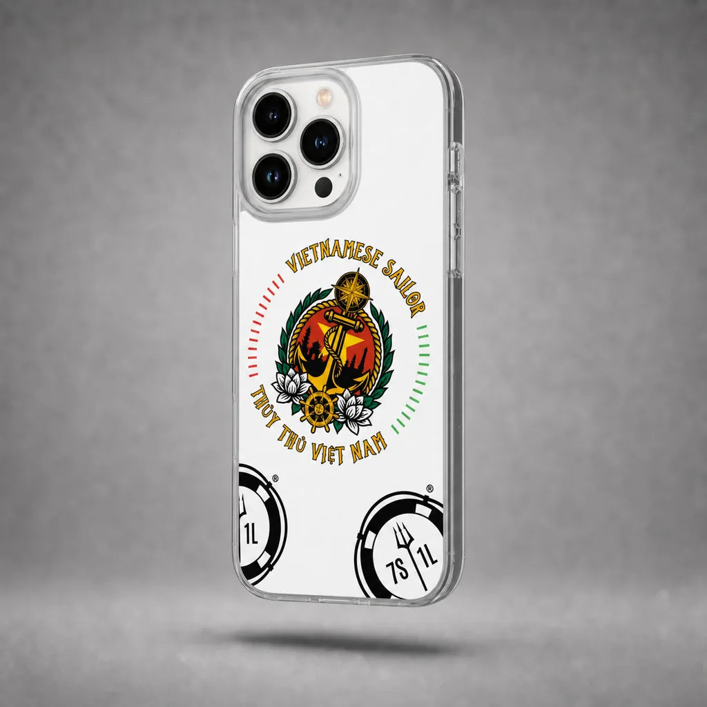 Clear Vietnamese Sailor case for iPhone 13 Pro Max with maritime anchor artwork, floating above a grey studio floor with a soft shadow.