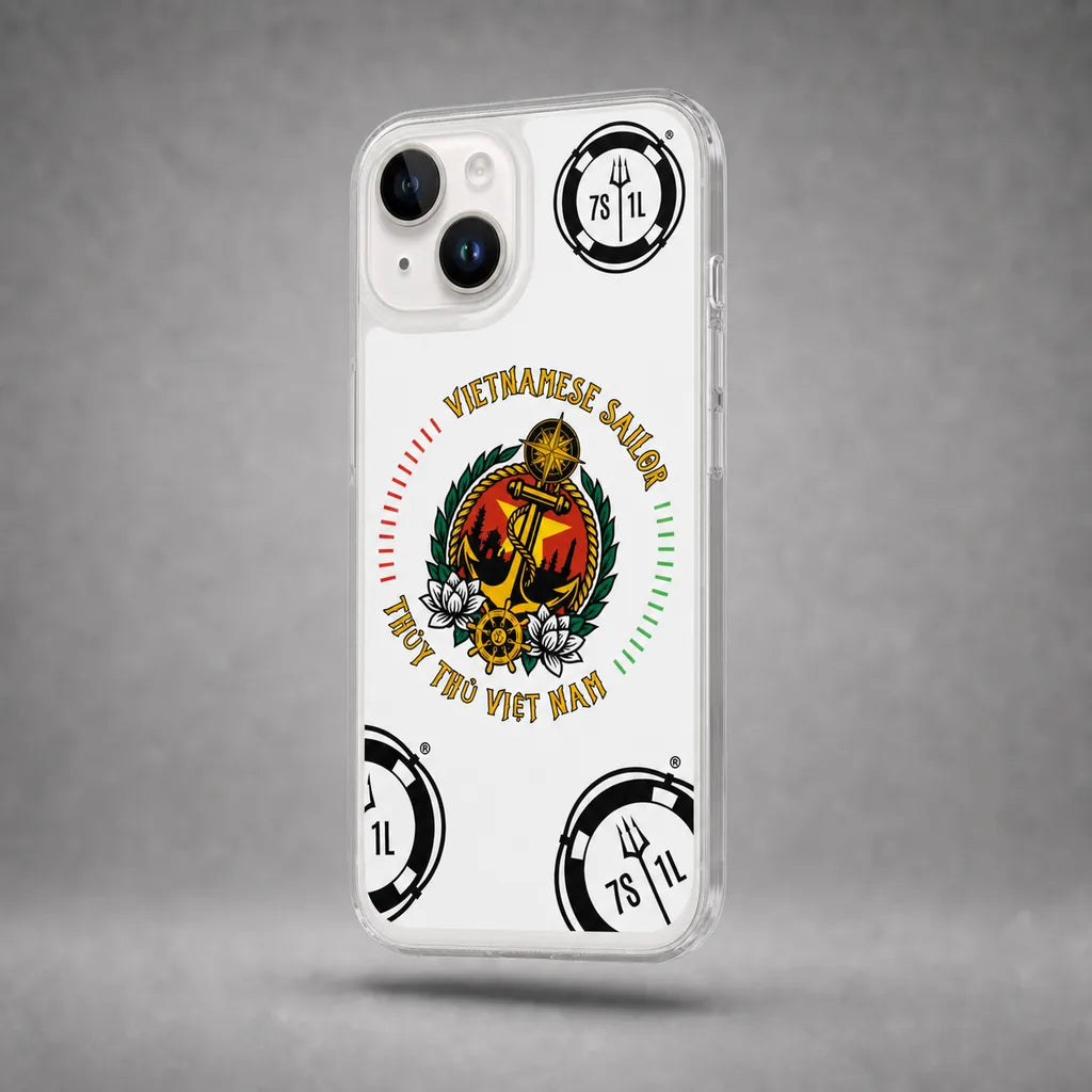 Clear Vietnamese Sailor case for iPhone 14 with maritime anchor artwork, floating above a grey studio floor with a soft shadow.