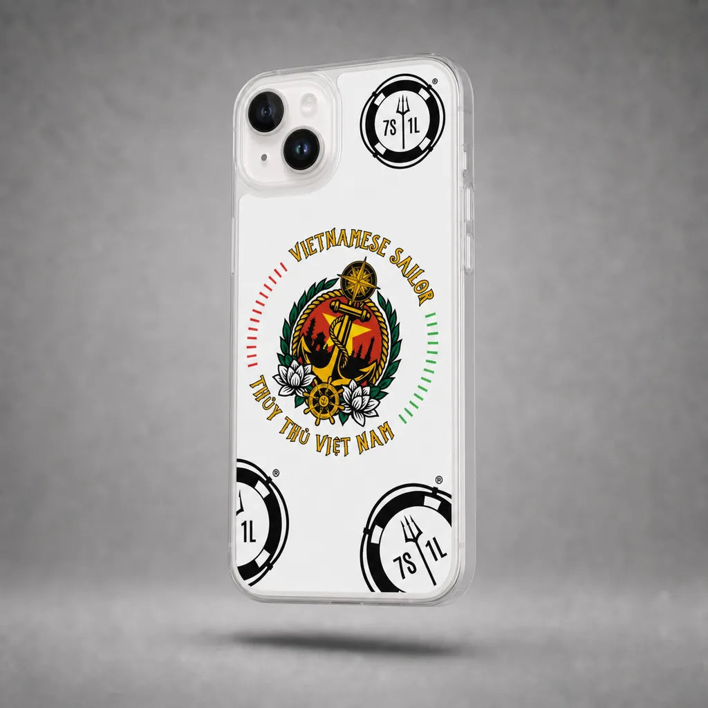 Clear Vietnamese Sailor case for iPhone 14 Plus with maritime anchor artwork, floating above a grey studio floor with a soft shadow.