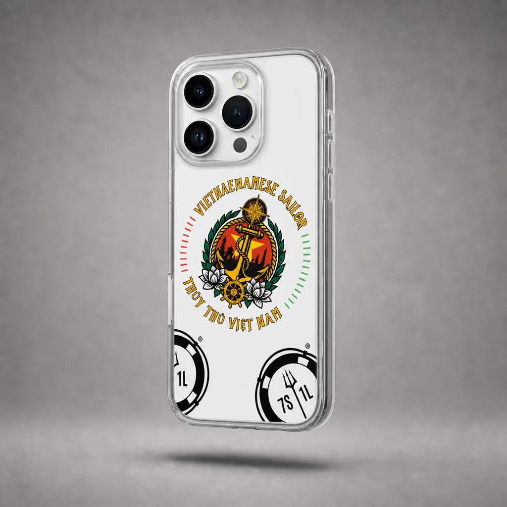 Clear Vietnamese Sailor case for iPhone 14 Pro with maritime anchor artwork, floating above a grey studio floor with a soft shadow.