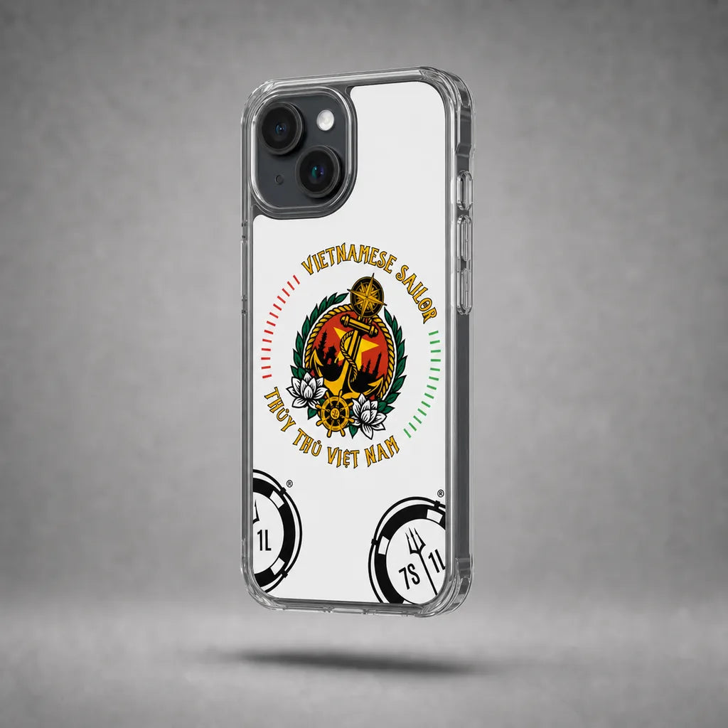 Clear Vietnamese Sailor case for iPhone 15 with maritime anchor artwork, floating above a grey studio floor with a soft shadow.