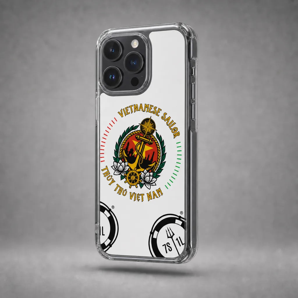 Clear Vietnamese Sailor case for iPhone 15 Pro Max with maritime anchor artwork, floating above a grey studio floor with a soft shadow.