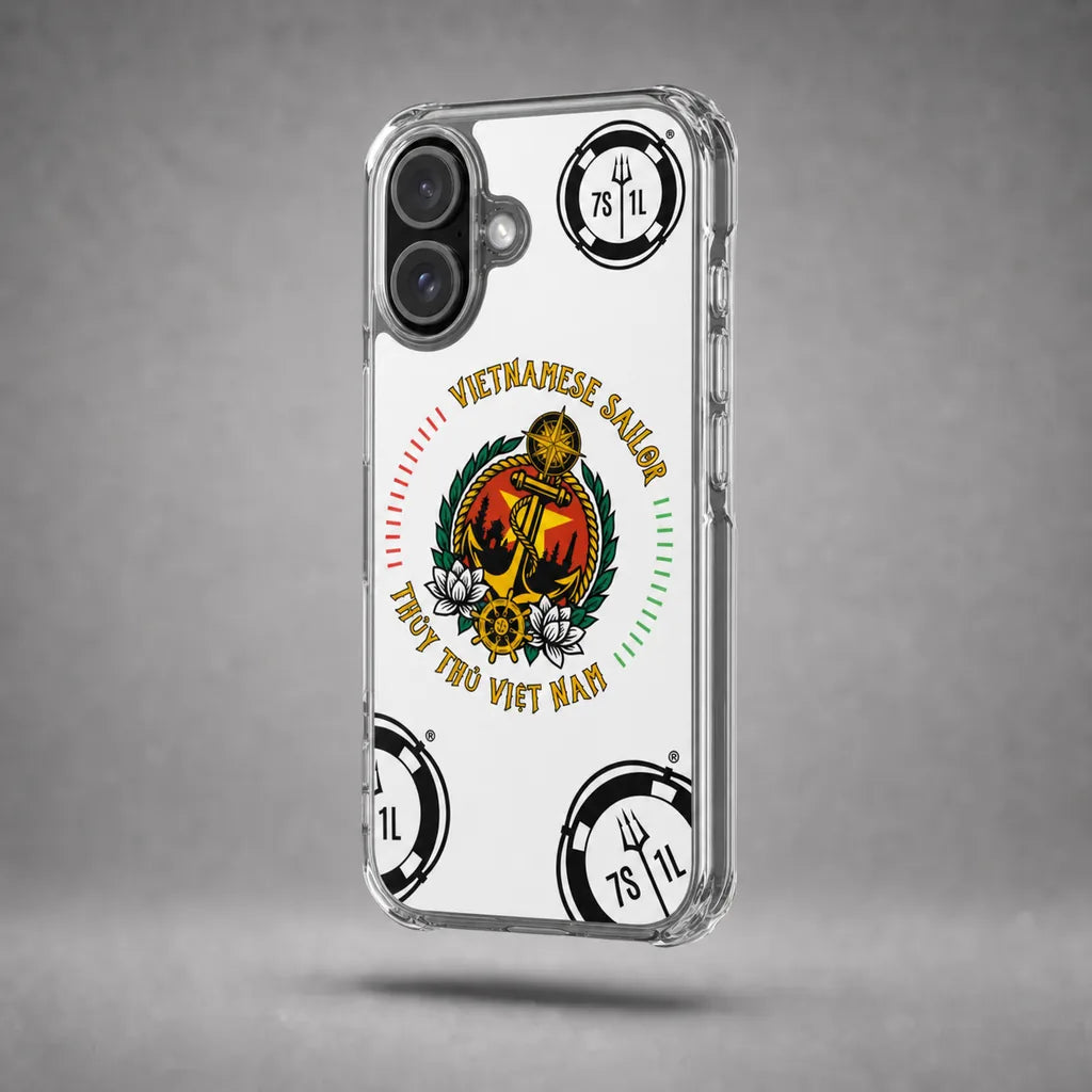 Clear Vietnamese Sailor case for iPhone 16 with maritime anchor artwork, floating above a grey studio floor with a soft shadow.