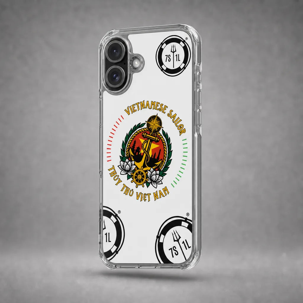 Clear Vietnamese Sailor case for iPhone 16 Plus with maritime anchor artwork, floating above a grey studio floor with a soft shadow.