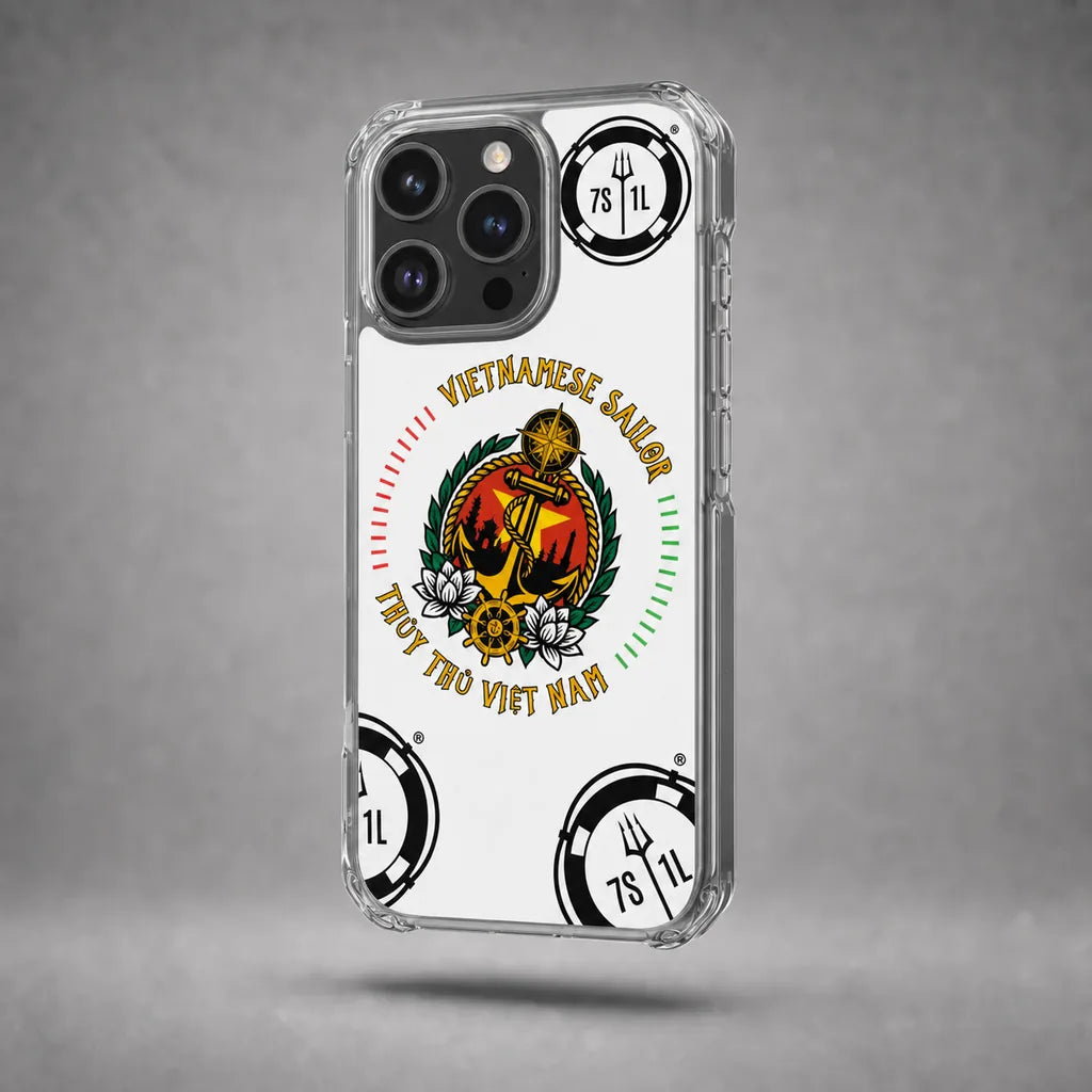 Clear Vietnamese Sailor case for iPhone 16 Pro with maritime anchor artwork, floating above a grey studio floor with a soft shadow.