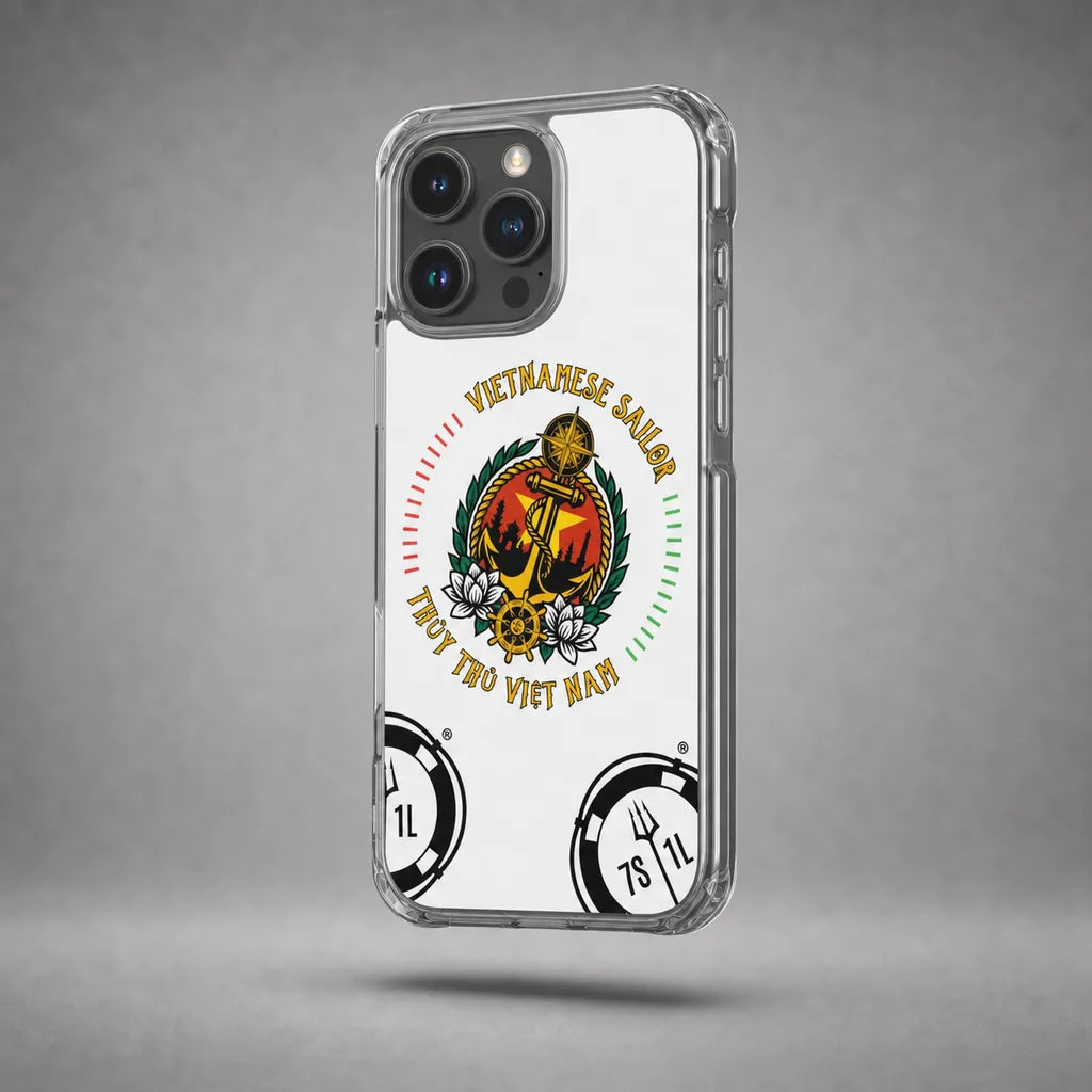 Clear Vietnamese Sailor case for iPhone 16 Pro Max with maritime anchor artwork, floating above a grey studio floor with a soft shadow.