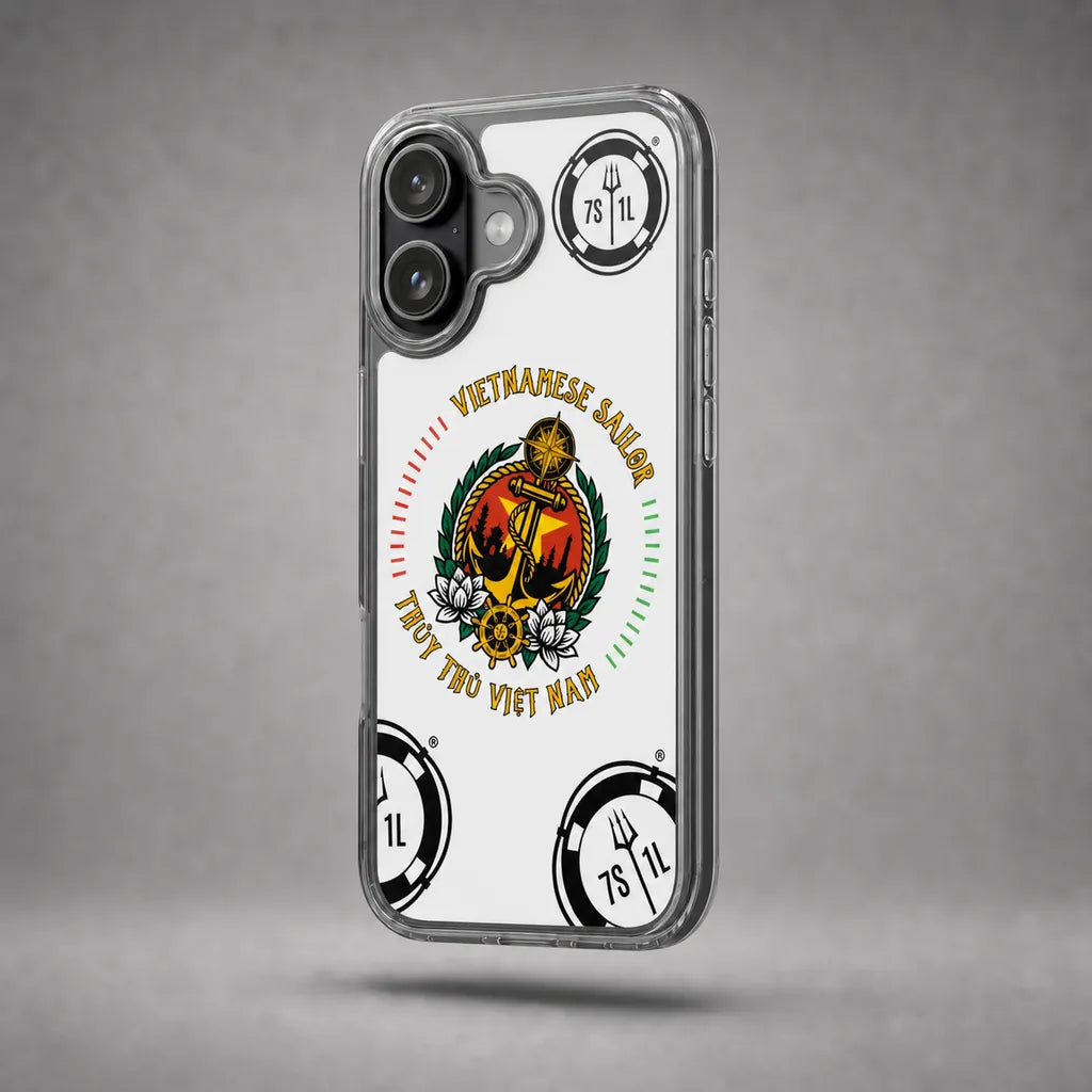 Clear Vietnamese Sailor case for iPhone 17 Air with maritime anchor artwork, floating above a grey studio floor with a soft shadow.