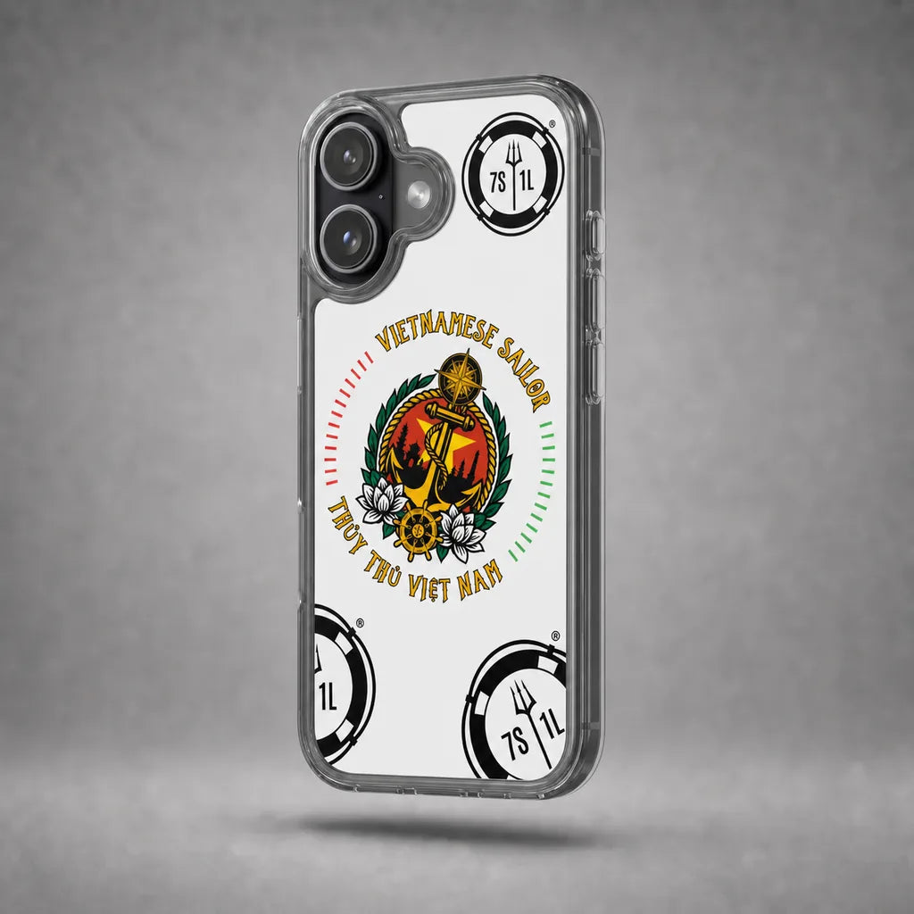 Clear Vietnamese Sailor case for iPhone 17 with maritime anchor artwork, floating above a grey studio floor with a soft shadow.