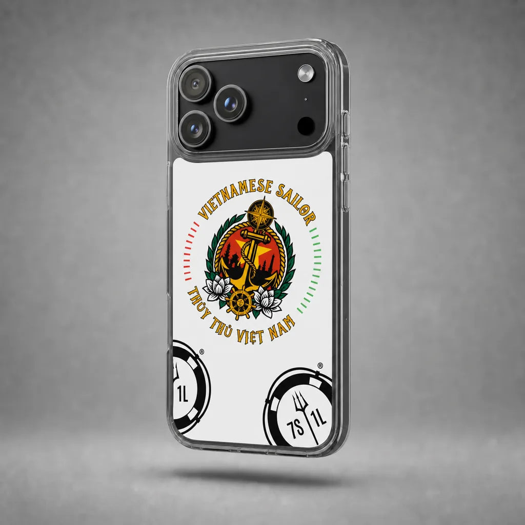 Clear Vietnamese Sailor case for iPhone 17 Pro Max with maritime anchor artwork, floating above a grey studio floor with a soft shadow.