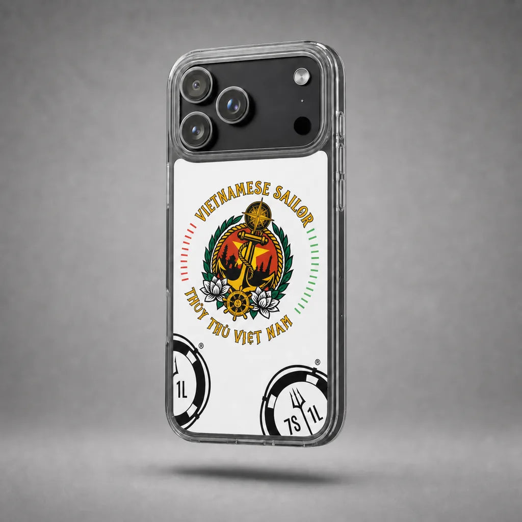 Clear Vietnamese Sailor iPhone case with anchor artwork and Vietnamese colors, floating above a grey studio floor with a soft shadow.
