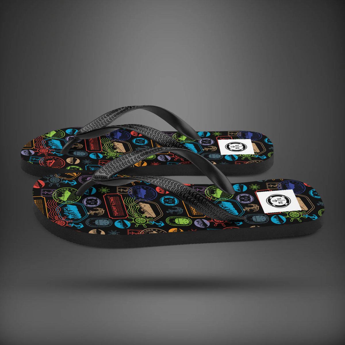 World Cruise flip flops in side view, black soles with a colorful cruise icon print