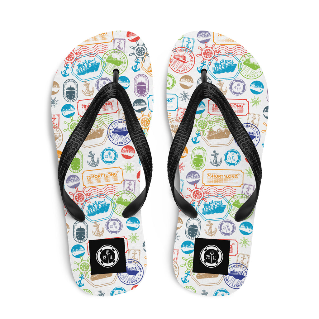 7SHORT1LONG® World Traveler flip flops with passport stamp pattern featuring colorful globe and travel-themed design.