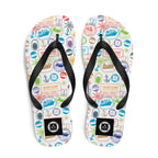 7SHORT1LONG® World Traveler flip flops with passport stamp pattern featuring colorful globe and travel-themed design.