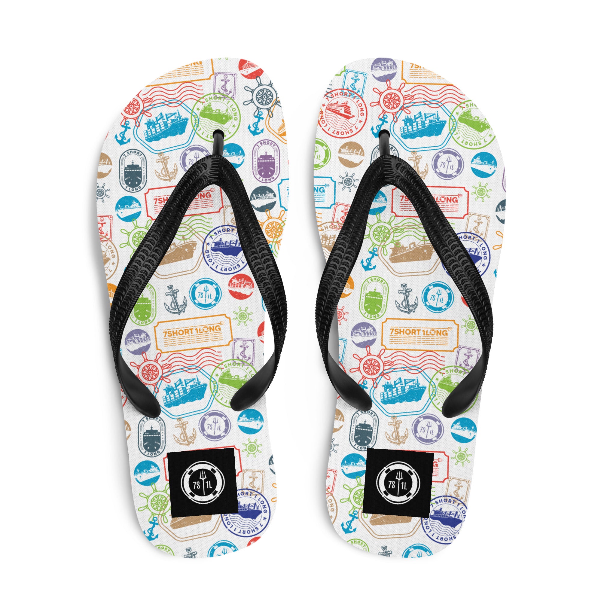 7SHORT1LONG® World Traveler flip flops with passport stamp pattern featuring colorful globe and travel-themed design.