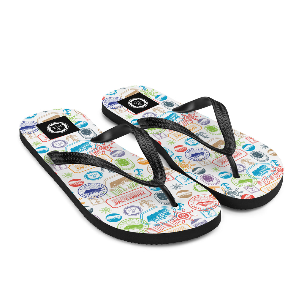 7SHORT1LONG® World Traveler Flip Flops with colorful passport stamp pattern and rubber sole, perfect for travel enthusiasts.