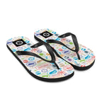 7SHORT1LONG® World Traveler Flip Flops with colorful passport stamp pattern and rubber sole, perfect for travel enthusiasts.