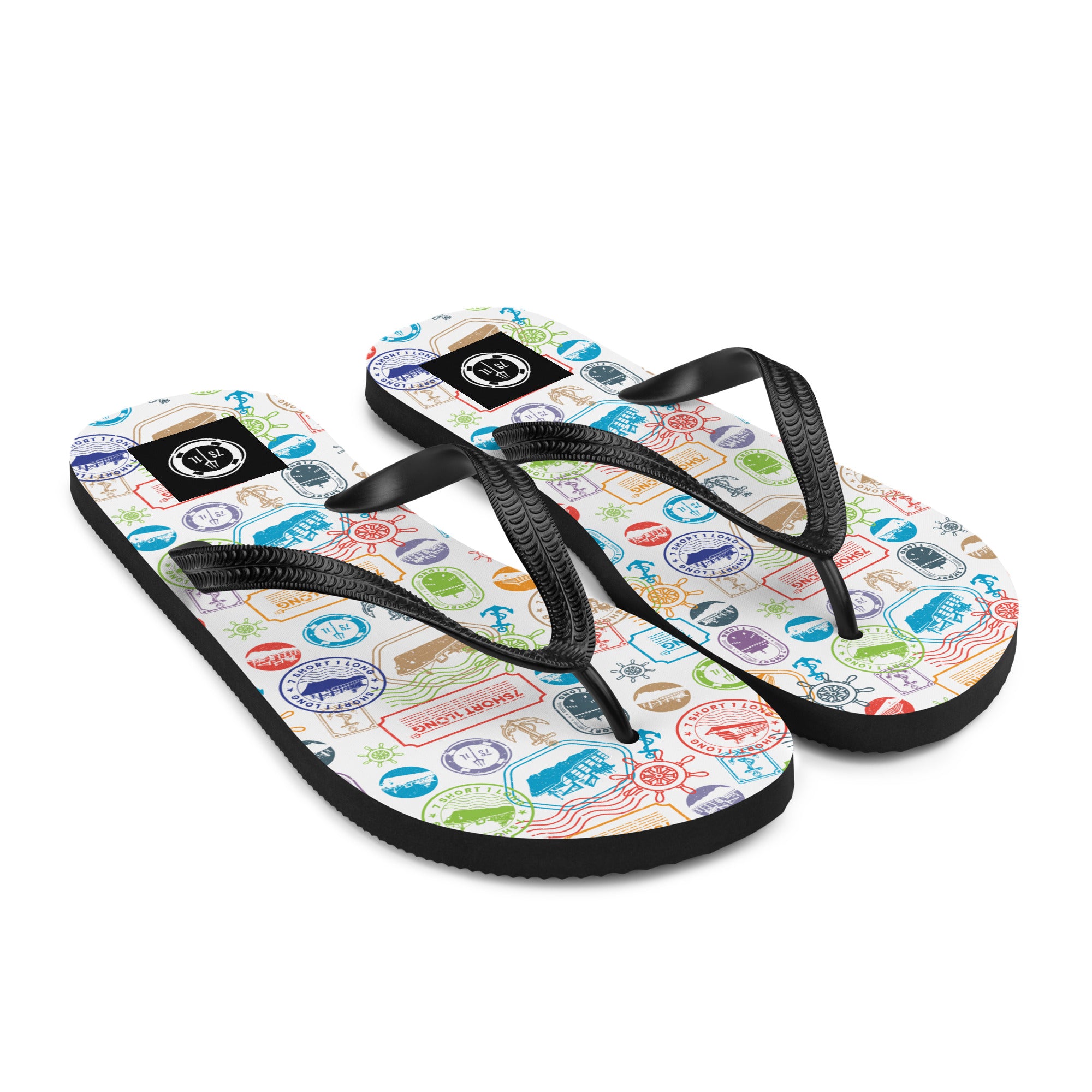 7SHORT1LONG® World Traveler Flip Flops with colorful passport stamp pattern and rubber sole, perfect for travel enthusiasts.