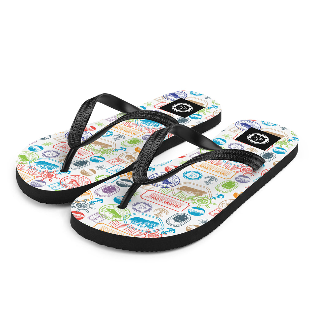 7SHORT1LONG® World Traveler flip flops featuring a passport stamp pattern with colorful cruise and travel-themed designs.