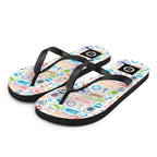 7SHORT1LONG® World Traveler flip flops featuring a passport stamp pattern with colorful cruise and travel-themed designs.