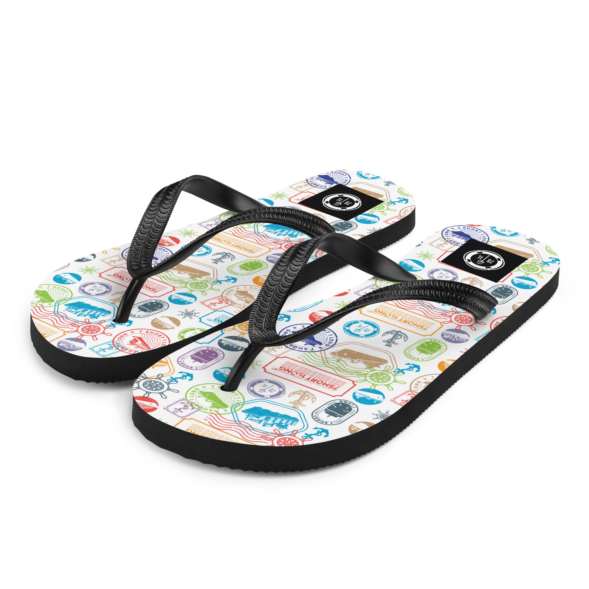 7SHORT1LONG® World Traveler flip flops featuring a passport stamp pattern with colorful cruise and travel-themed designs.