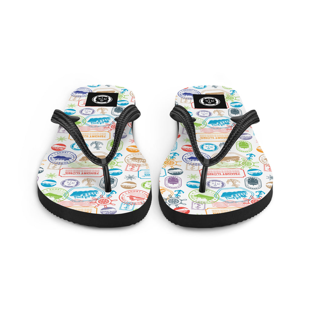 7SHORT1LONG® World Traveler flip flops with passport stamp pattern, featuring colorful globe and travel-themed design.