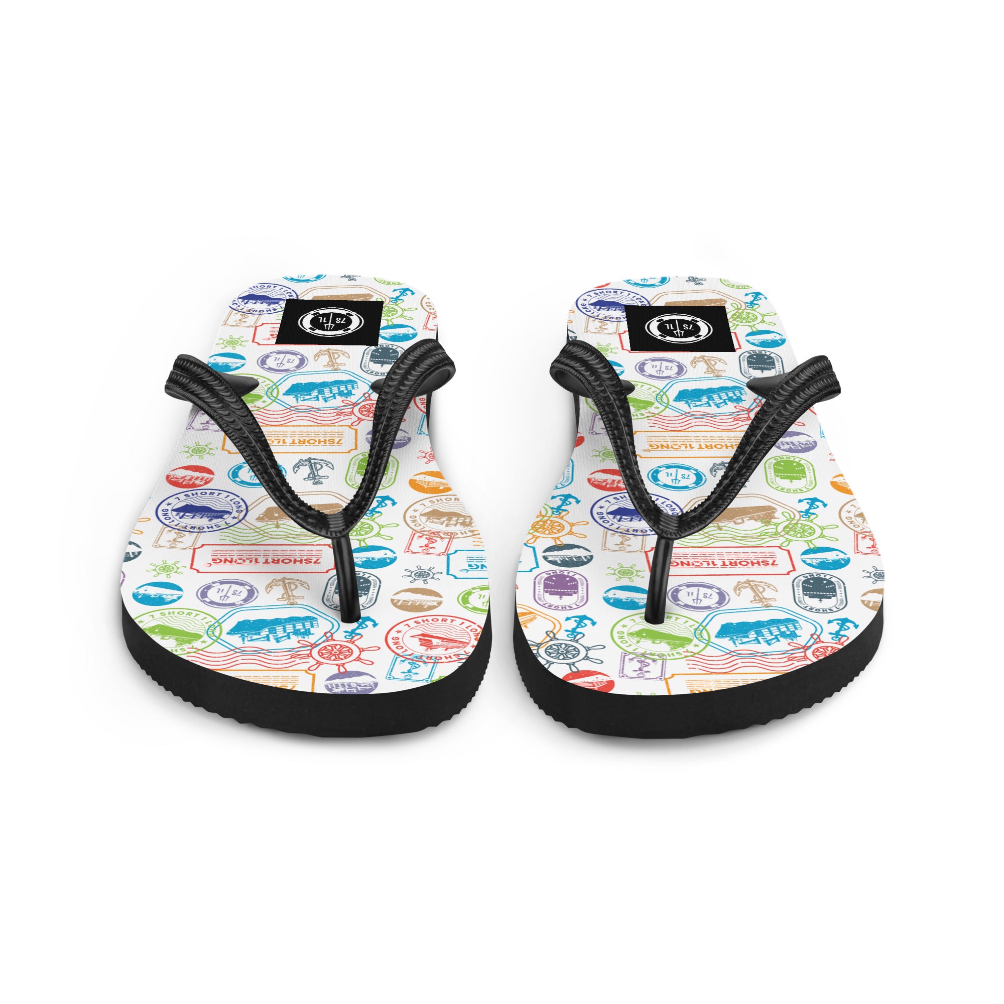 7SHORT1LONG® World Traveler flip flops with passport stamp pattern, featuring colorful globe and travel-themed design.